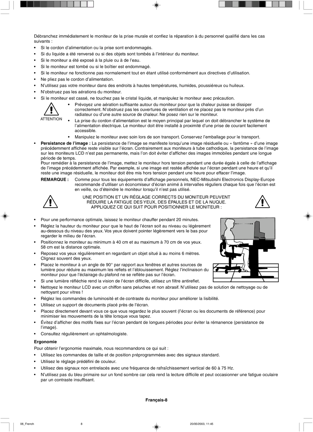 NEC LCD71VM, LCD51VM user manual Ergonomie, Français-8 