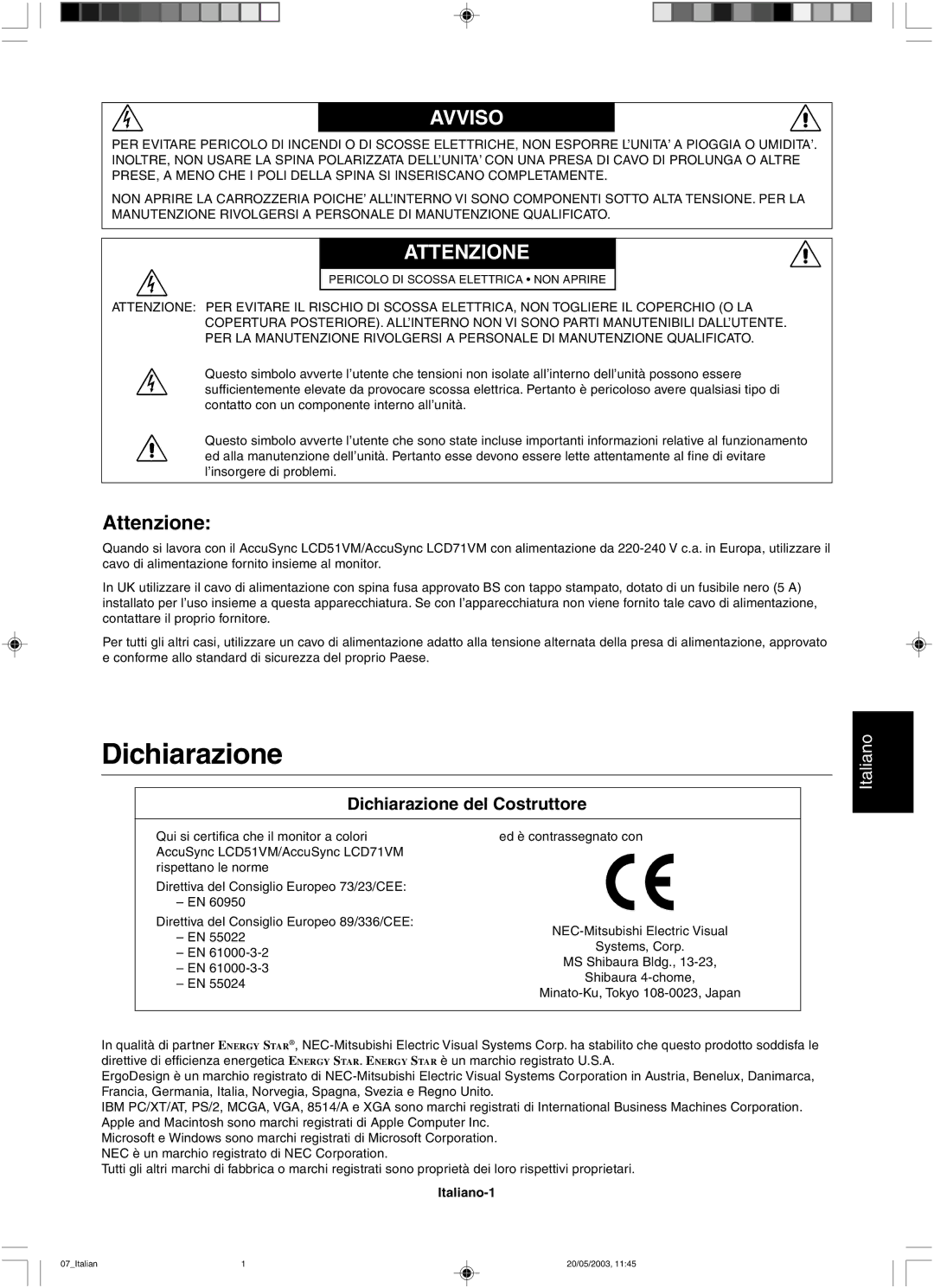 NEC LCD51VM, LCD71VM user manual Attenzione, Dichiarazione del Costruttore, Italiano-1 