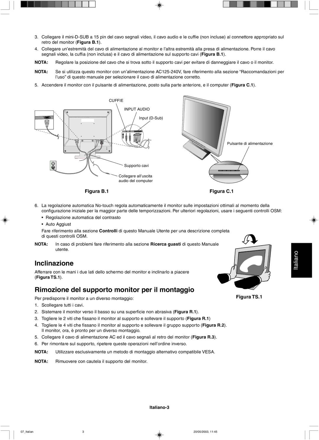 NEC LCD51VM, LCD71VM user manual Inclinazione, Rimozione del supporto monitor per il montaggio, Italiano-3 