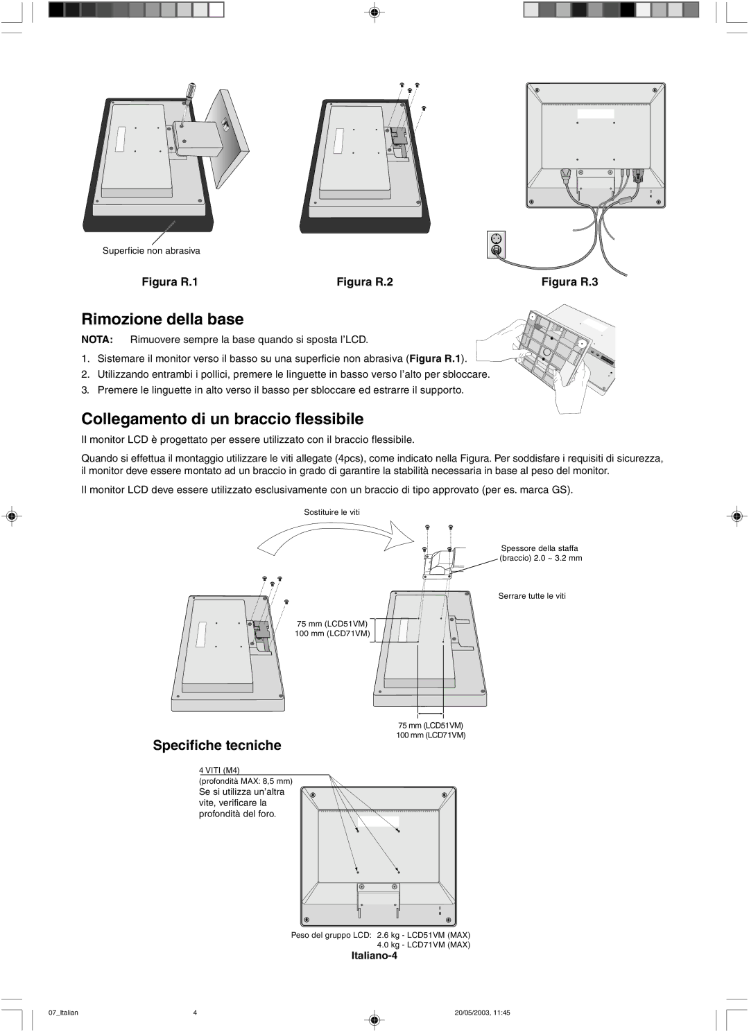 NEC LCD71VM, LCD51VM Rimozione della base, Collegamento di un braccio flessibile, Specifiche tecniche, Italiano-4 