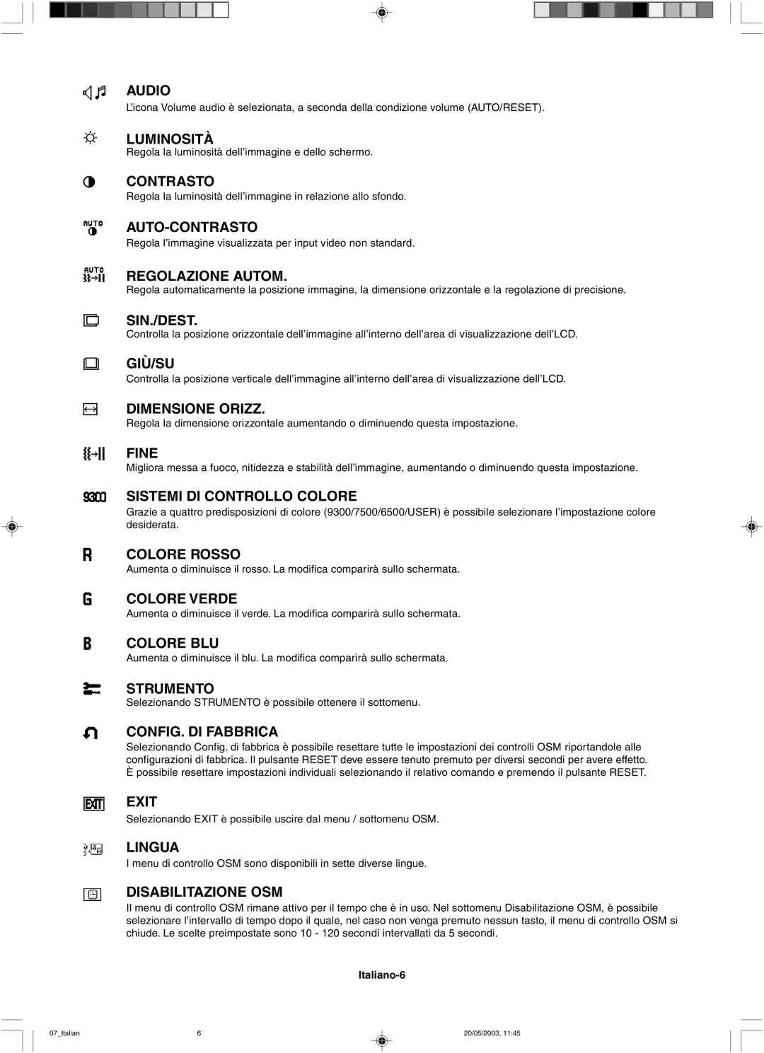 NEC LCD71VM Luminosità, Auto-Contrasto, Regolazione Autom, Sin./Dest, Giù/Su, Dimensione Orizz, Colore Rosso, Lingua 