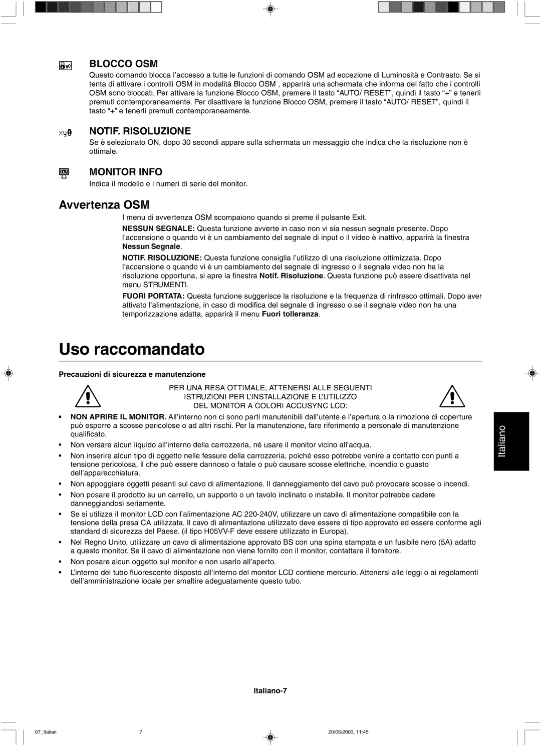 NEC LCD51VM, LCD71VM user manual Uso raccomandato, Avvertenza OSM, Blocco OSM, NOTIF. Risoluzione 