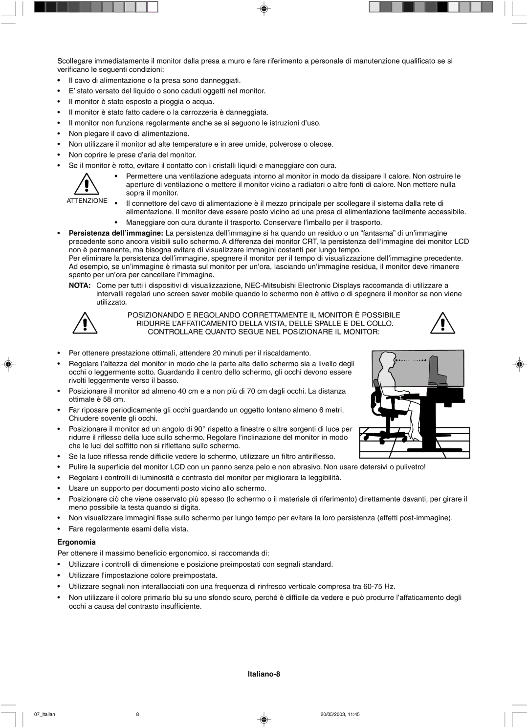 NEC LCD71VM, LCD51VM user manual Ergonomia, Italiano-8 