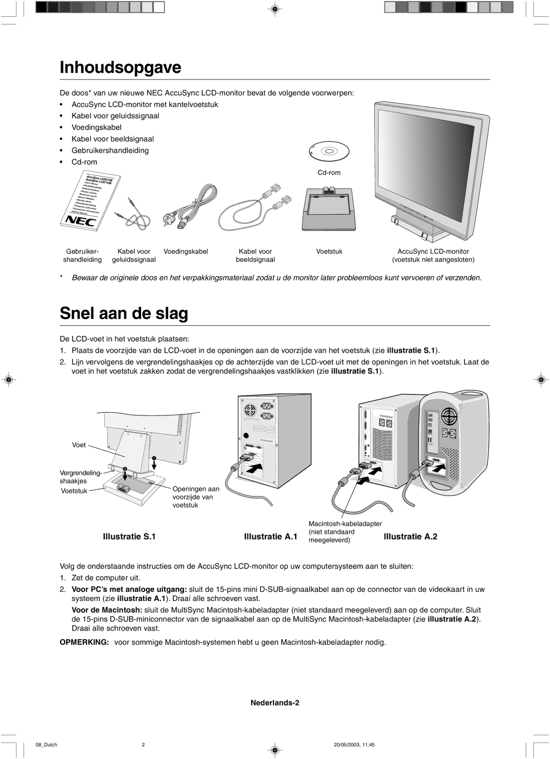 NEC LCD71VM, LCD51VM user manual Inhoudsopgave, Snel aan de slag, Nederlands-2 