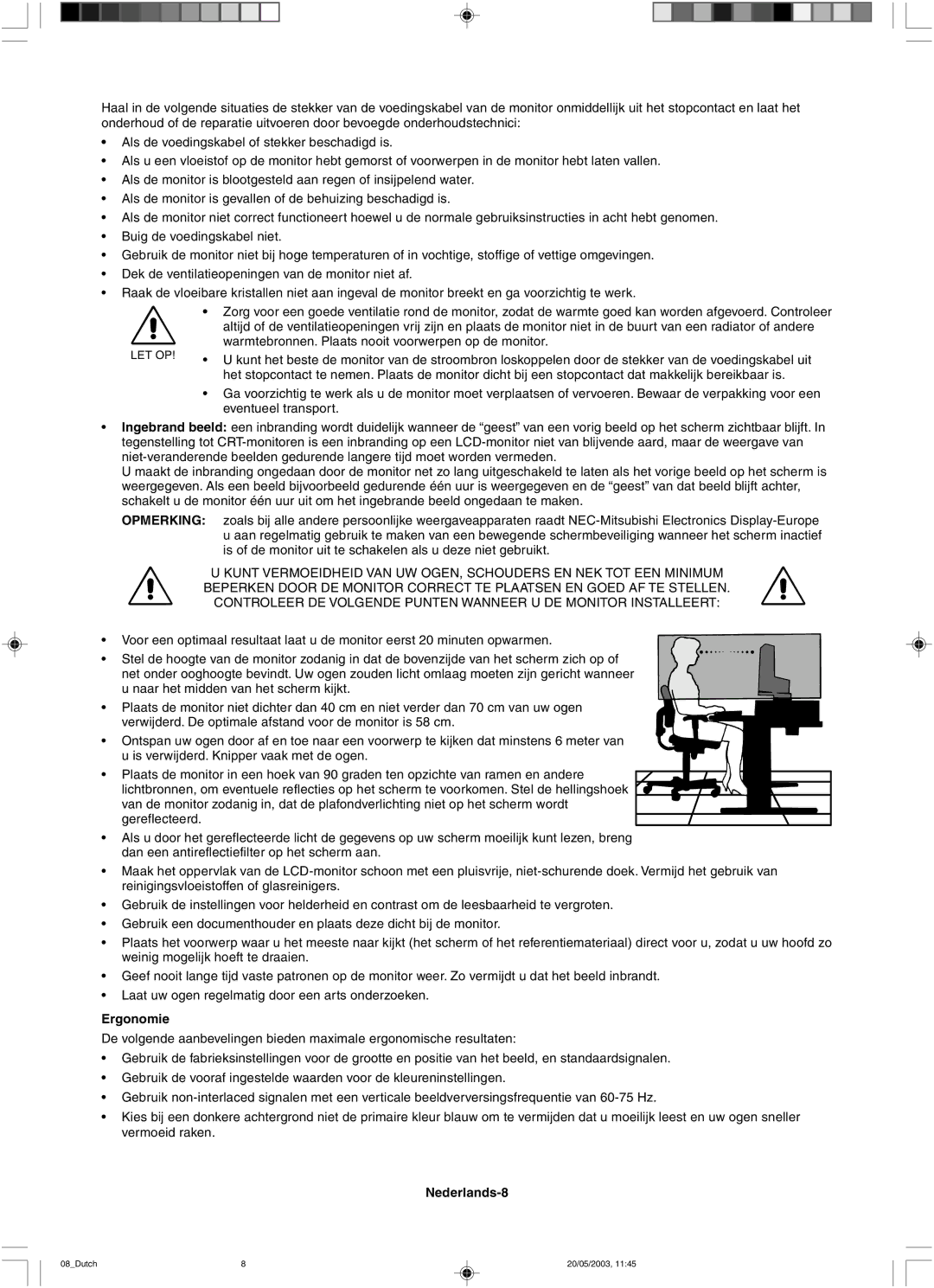 NEC LCD71VM, LCD51VM user manual Ergonomie, Nederlands-8 