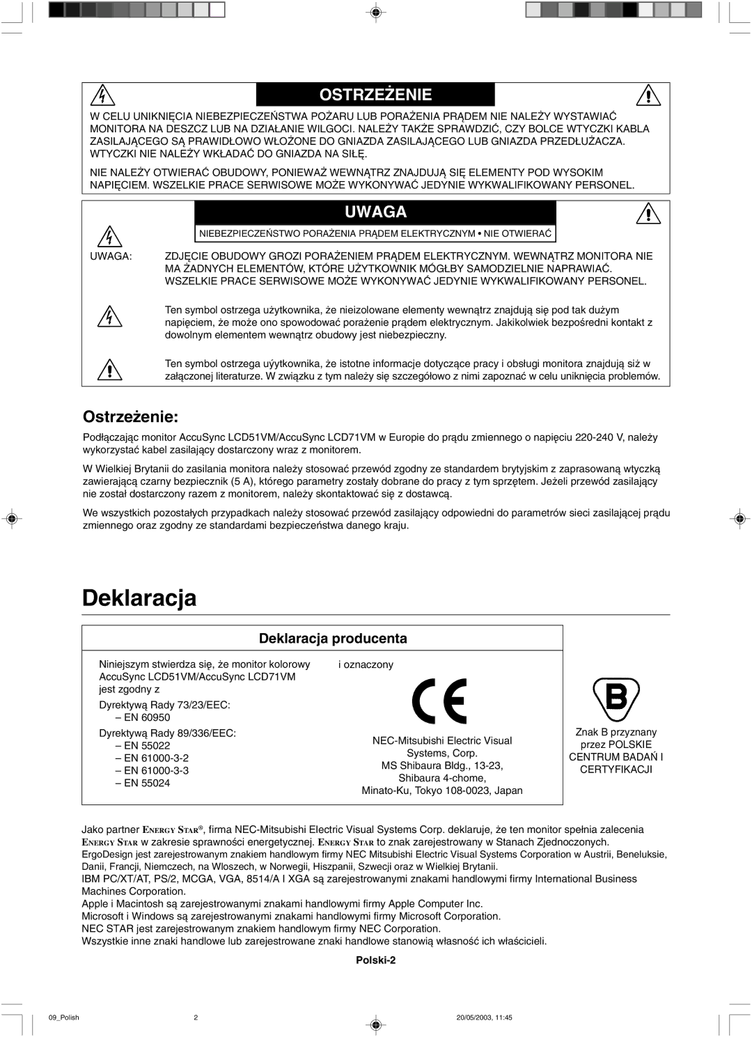 NEC LCD71VM, LCD51VM user manual Deklaracja, Ostrze˚Enie 