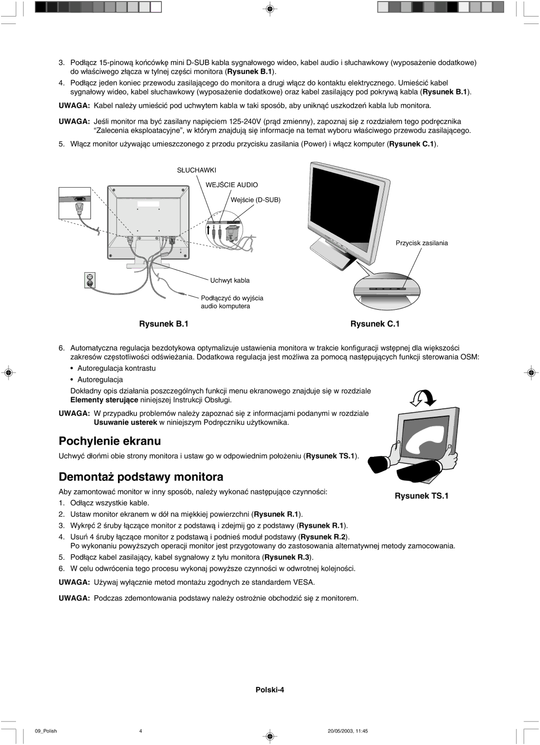 NEC LCD71VM, LCD51VM user manual Pochylenie ekranu 