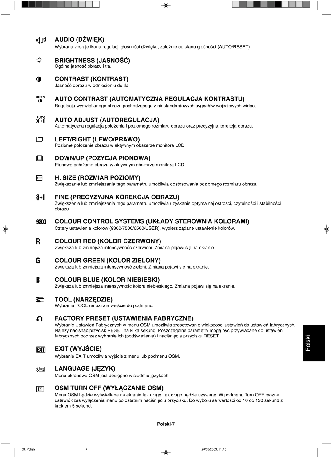 NEC LCD51VM, LCD71VM user manual Auto Contrast Automatyczna Regulacja Kontrastu 