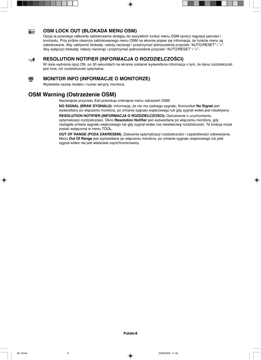 NEC LCD71VM, LCD51VM user manual OSM Warning Ostrze˝enie OSM 