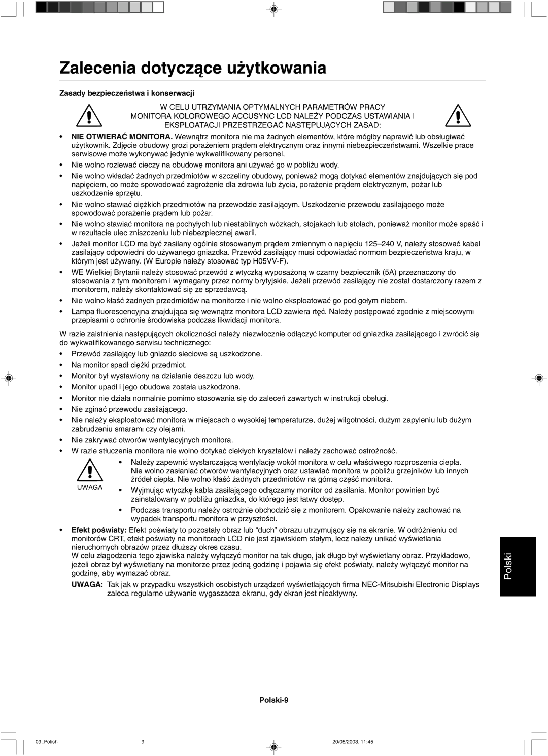 NEC LCD51VM, LCD71VM user manual Zalecenia dotyczàce u˝ytkowania, Zasady bezpieczeƒstwa i konserwacji 