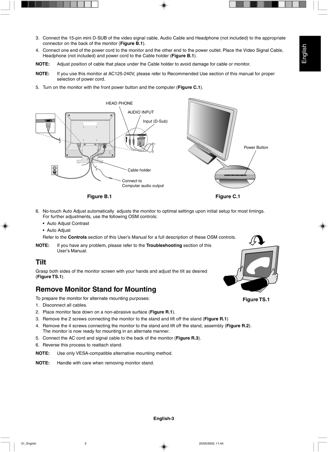 NEC LCD51VM, LCD71VM user manual Tilt, Remove Monitor Stand for Mounting, English-3 