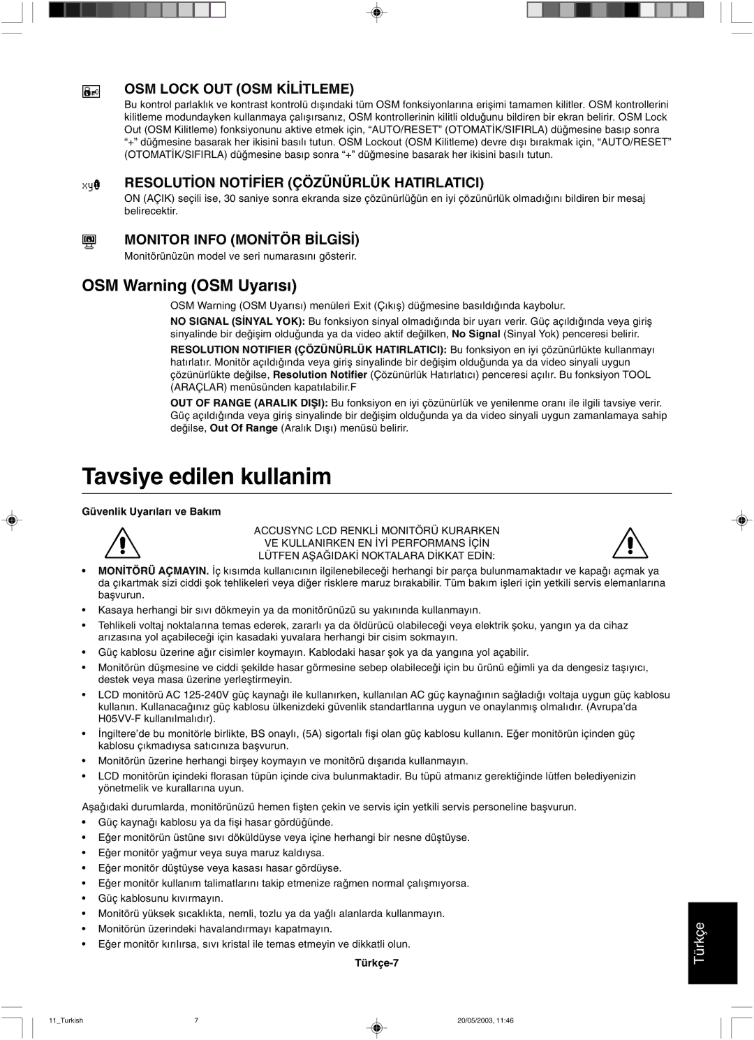 NEC LCD51VM, LCD71VM user manual Tavsiye edilen kullanim, OSM Warning OSM Uyar∂s∂, Güvenlik Uyar∂lar∂ ve Bak∂m, Türkçe-7 