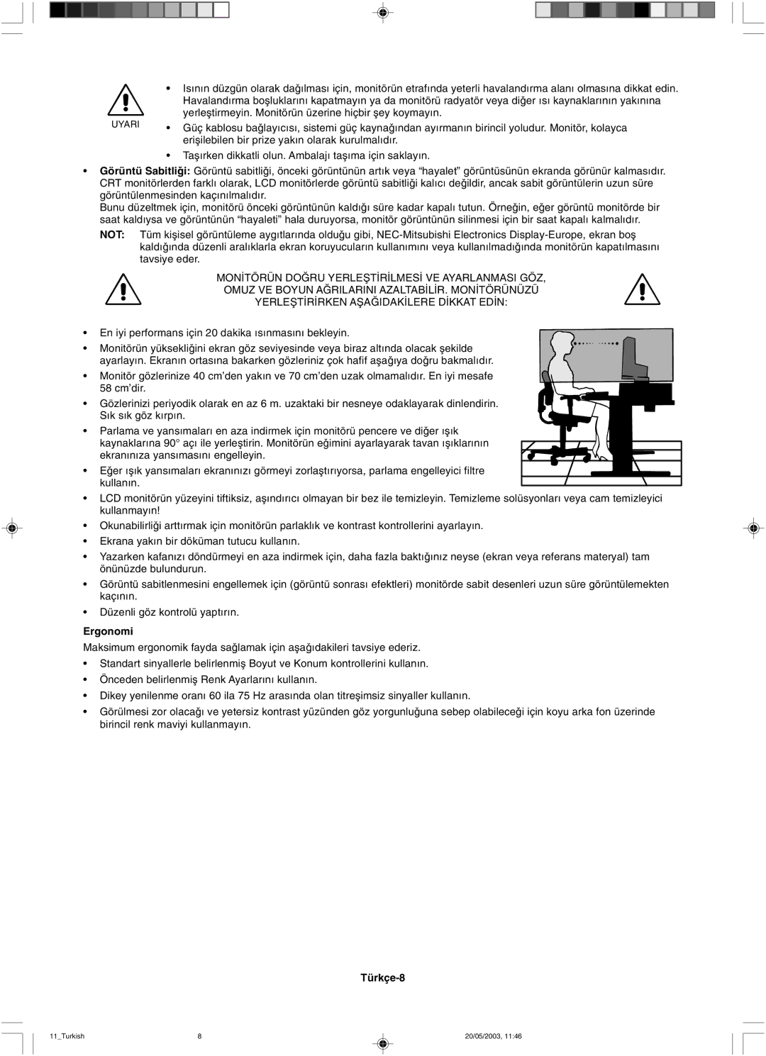 NEC LCD71VM, LCD51VM user manual Ergonomi, Türkçe-8 