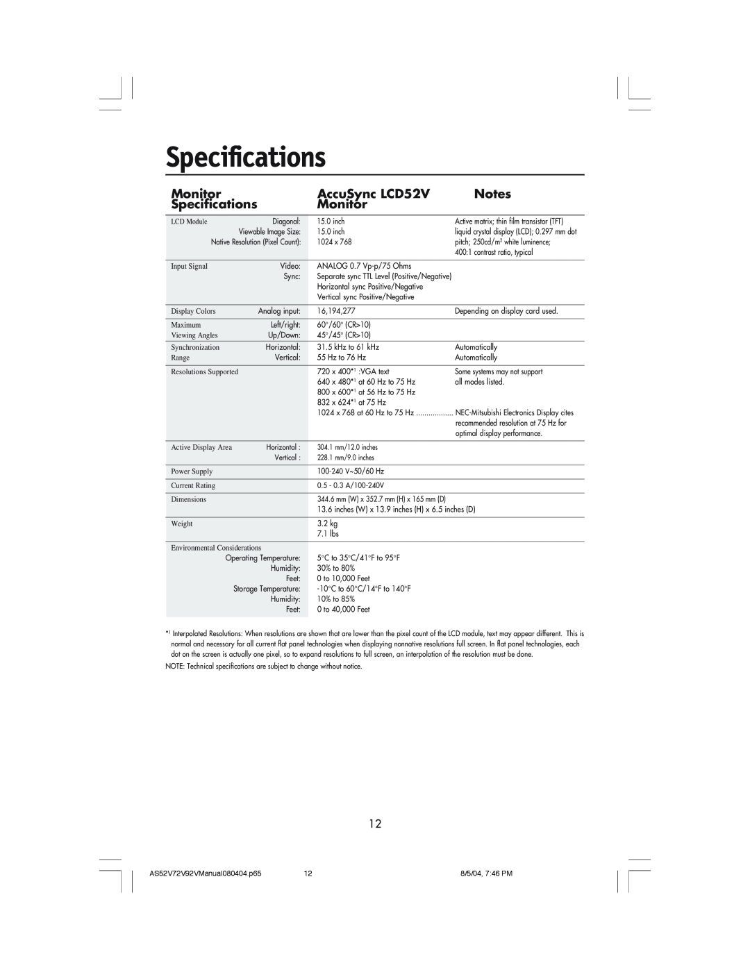 NEC LCD72V manual Specifications, Monitor, AccuSync LCD52V 