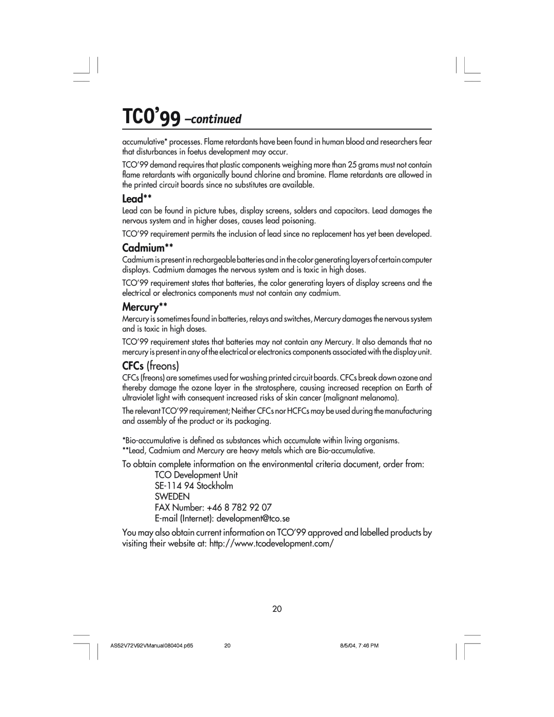 NEC LCD72V, LCD52V manual TCO’99 -continued, Lead, Cadmium, Mercury, CFCs freons 