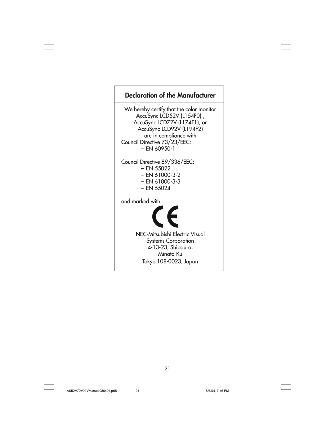 NEC LCD52V, LCD72V manual Declaration of the Manufacturer 