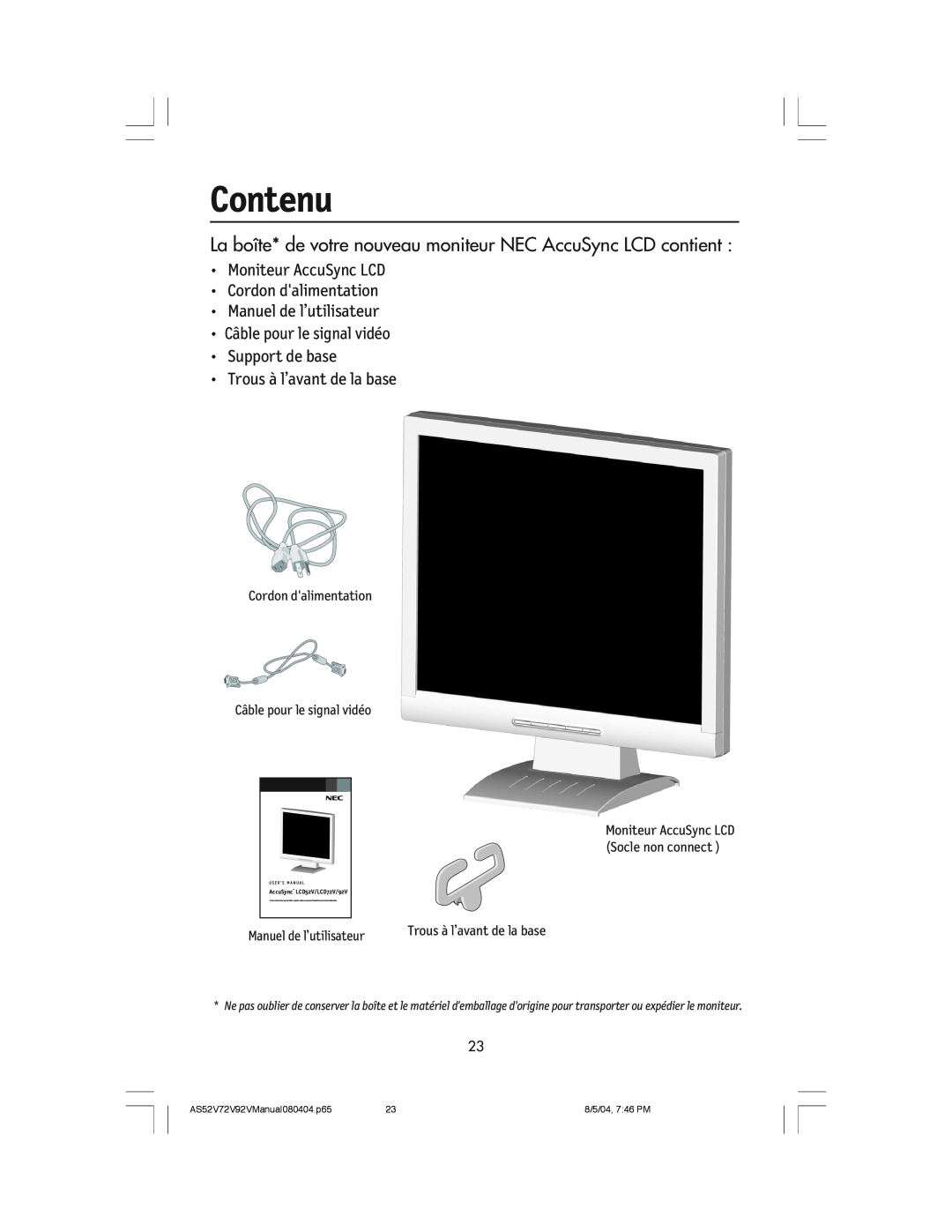 NEC LCD52V Contenu, La bo”te* de votre nouveau moniteur NEC AccuSync LCD contient, Manuel de l’utilisateur, 8/5/04, 746 PM 