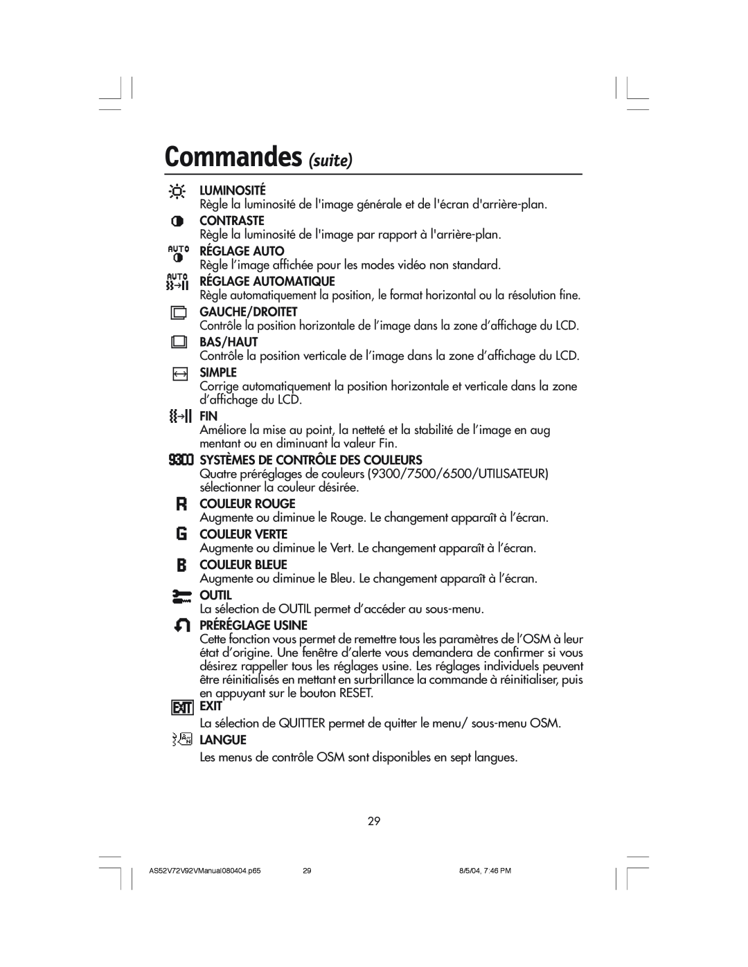 NEC LCD52V, LCD72V manual Commandes suite 