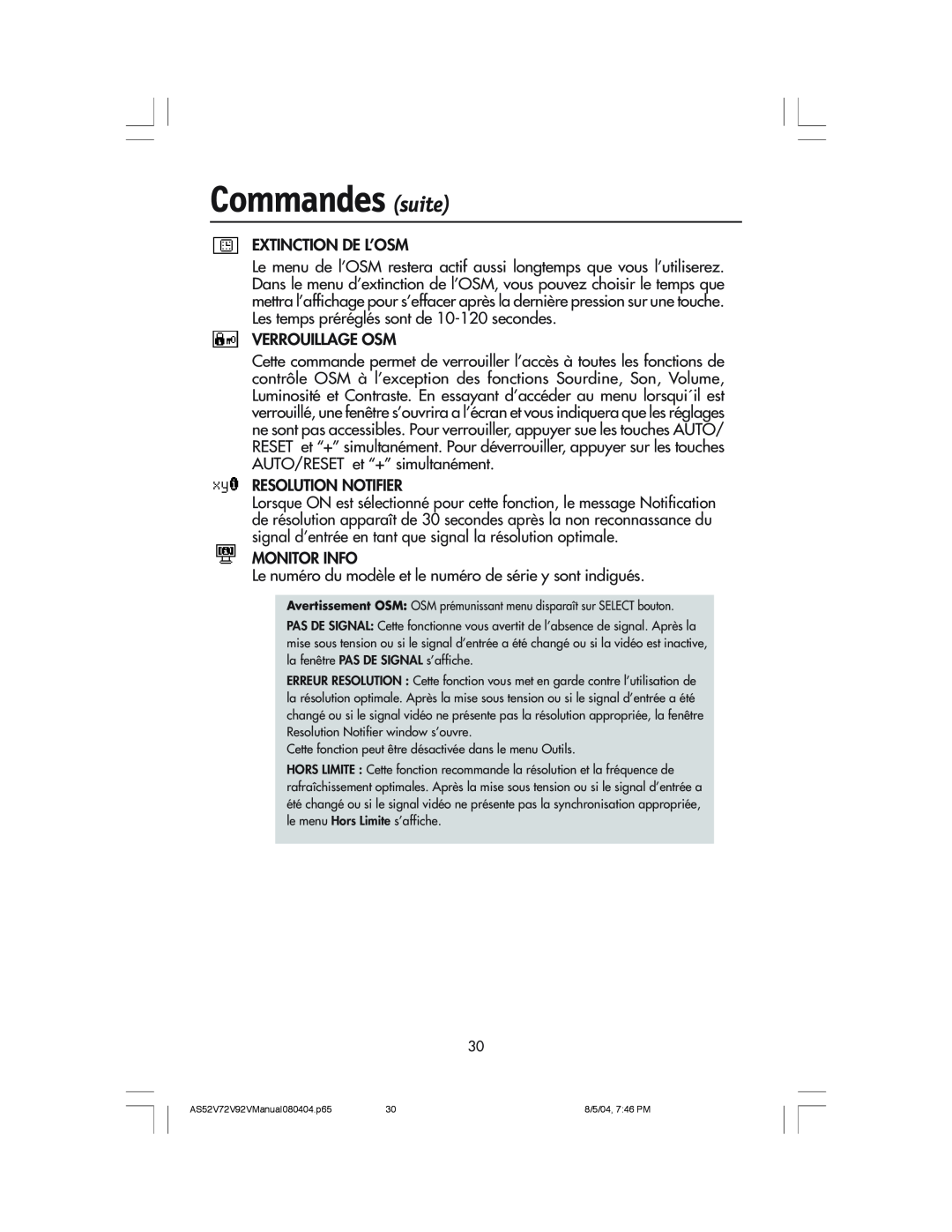 NEC LCD72V, LCD52V manual Commandes suite, Avertissement OSM OSM prŽmunissant menu dispara”t sur SELECT bouton 