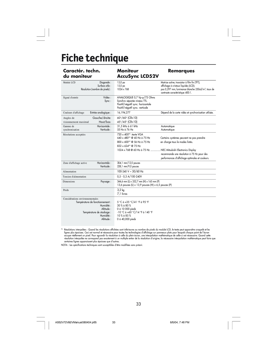 NEC LCD72V manual Fiche technique, Caractér. techn, Moniteur, Remarques, du moniteur, AccuSync LCD52V 