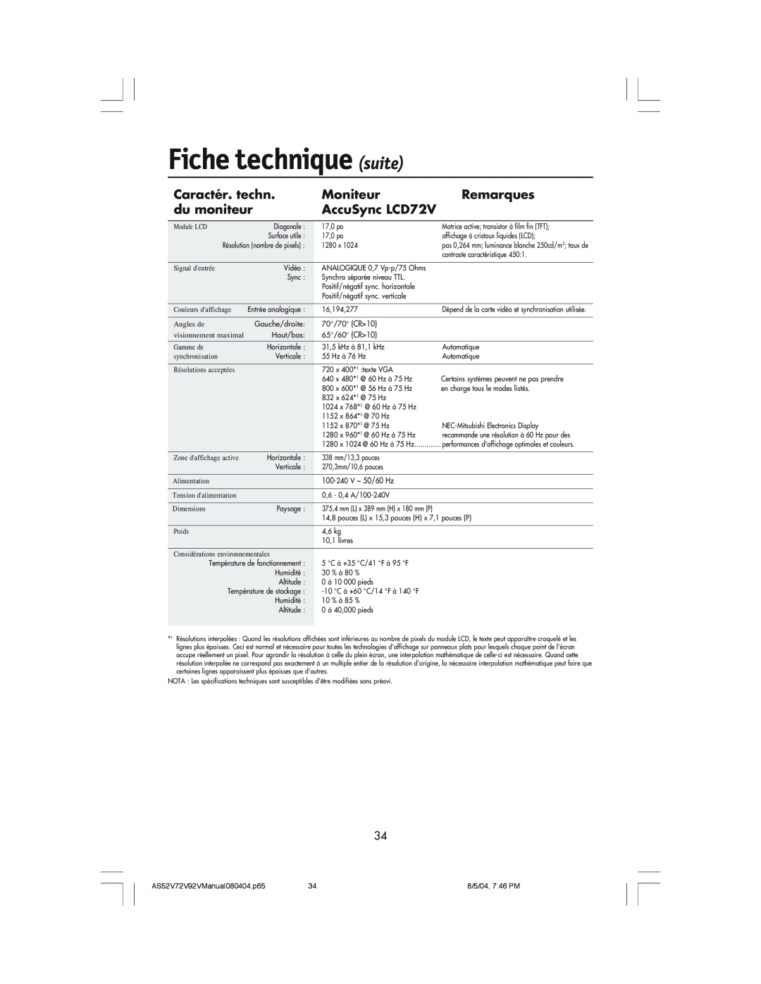NEC LCD52V manual Fiche technique suite, Caractér. techn, Moniteur, Remarques, du moniteur, AccuSync LCD72V 