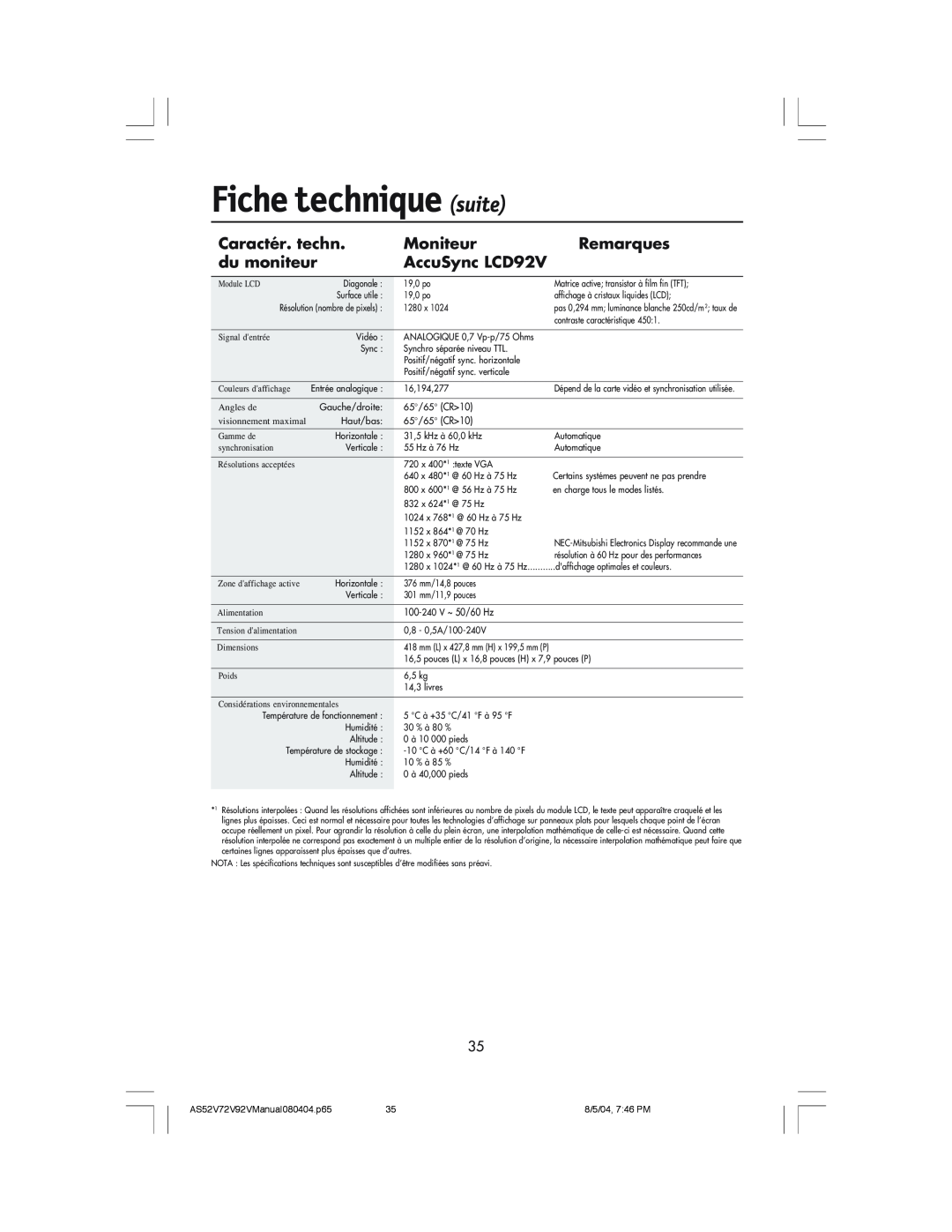 NEC LCD52V, LCD72V manual Fiche technique suite, Caractér. techn, Moniteur, Remarques, du moniteur, AccuSync LCD92V 