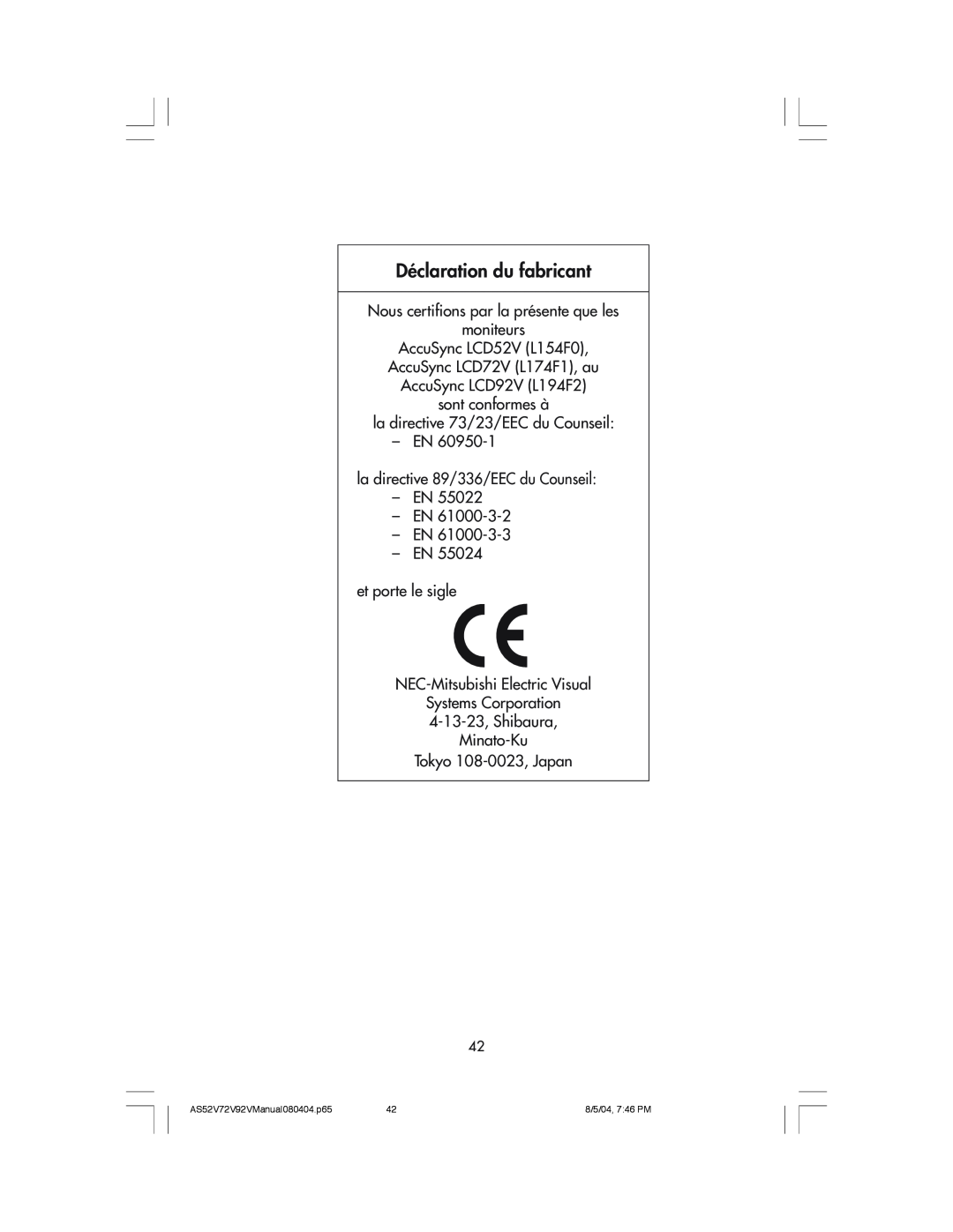 NEC LCD72V, LCD52V manual DŽclaration du fabricant 