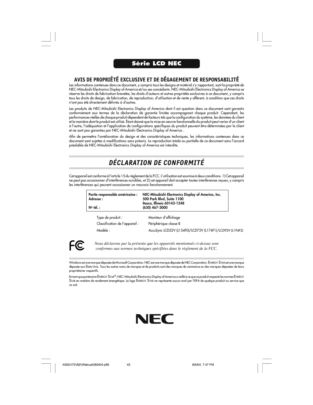 NEC LCD52V manual Déclaration De Conformité, Série LCD NEC, Avis De Propriété Exclusive Et De Dégagement De Responsabilité 