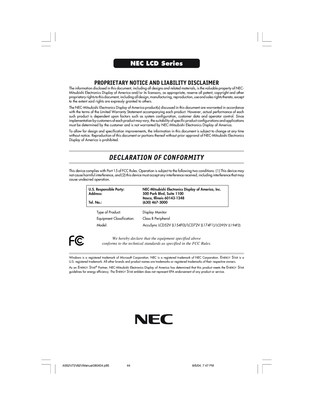 NEC LCD72V, LCD52V manual Declaration Of Conformity, NEC LCD Series, Proprietary Notice And Liability Disclaimer 