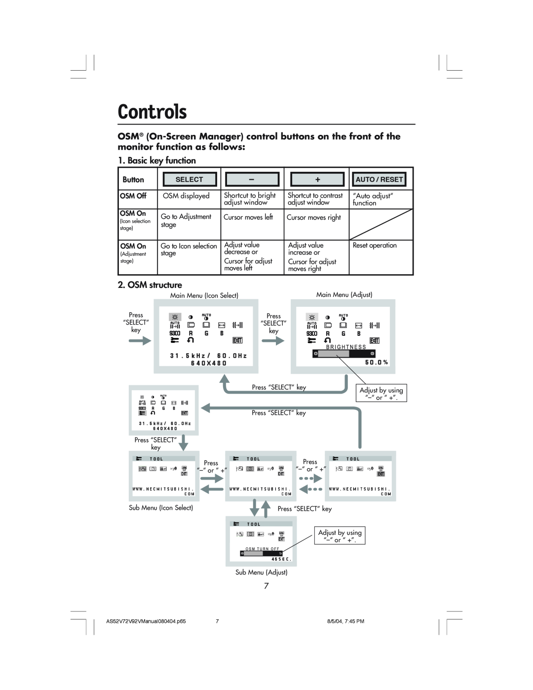 NEC LCD52V, LCD72V manual Controls, Select, Auto / Reset 