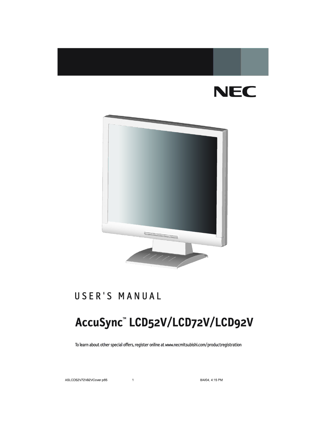 NEC manual AccuSyncTM LCD52V/LCD72V/LCD92V 