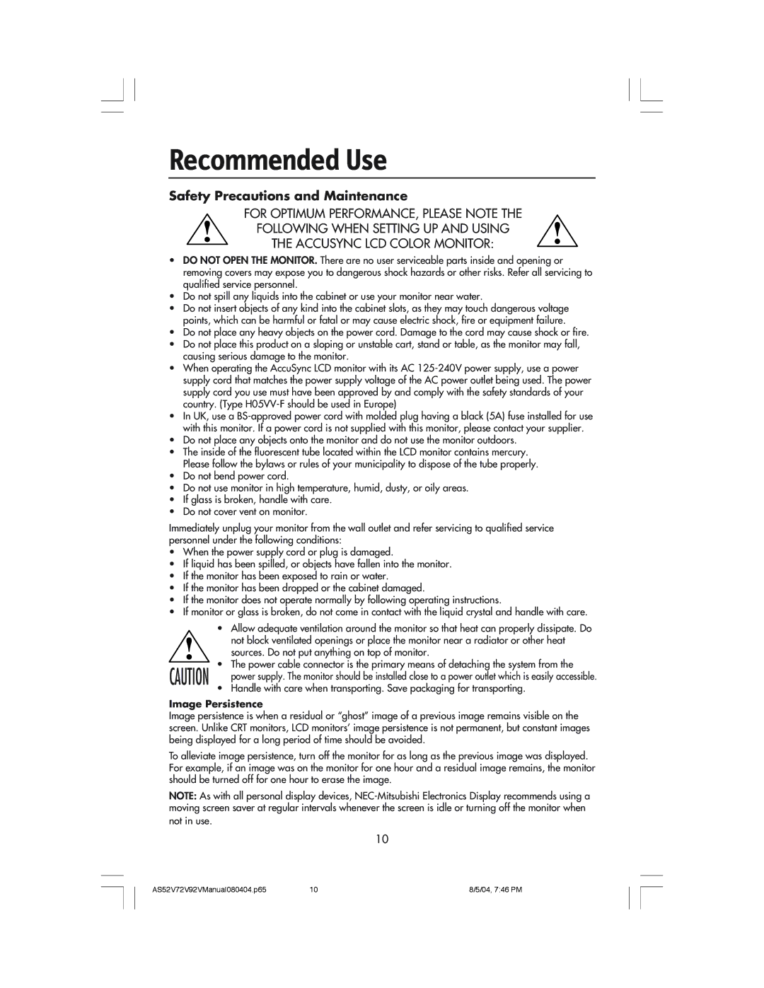 NEC LCD72V, LCD52V manual Recommended Use, Safety Precautions and Maintenance 