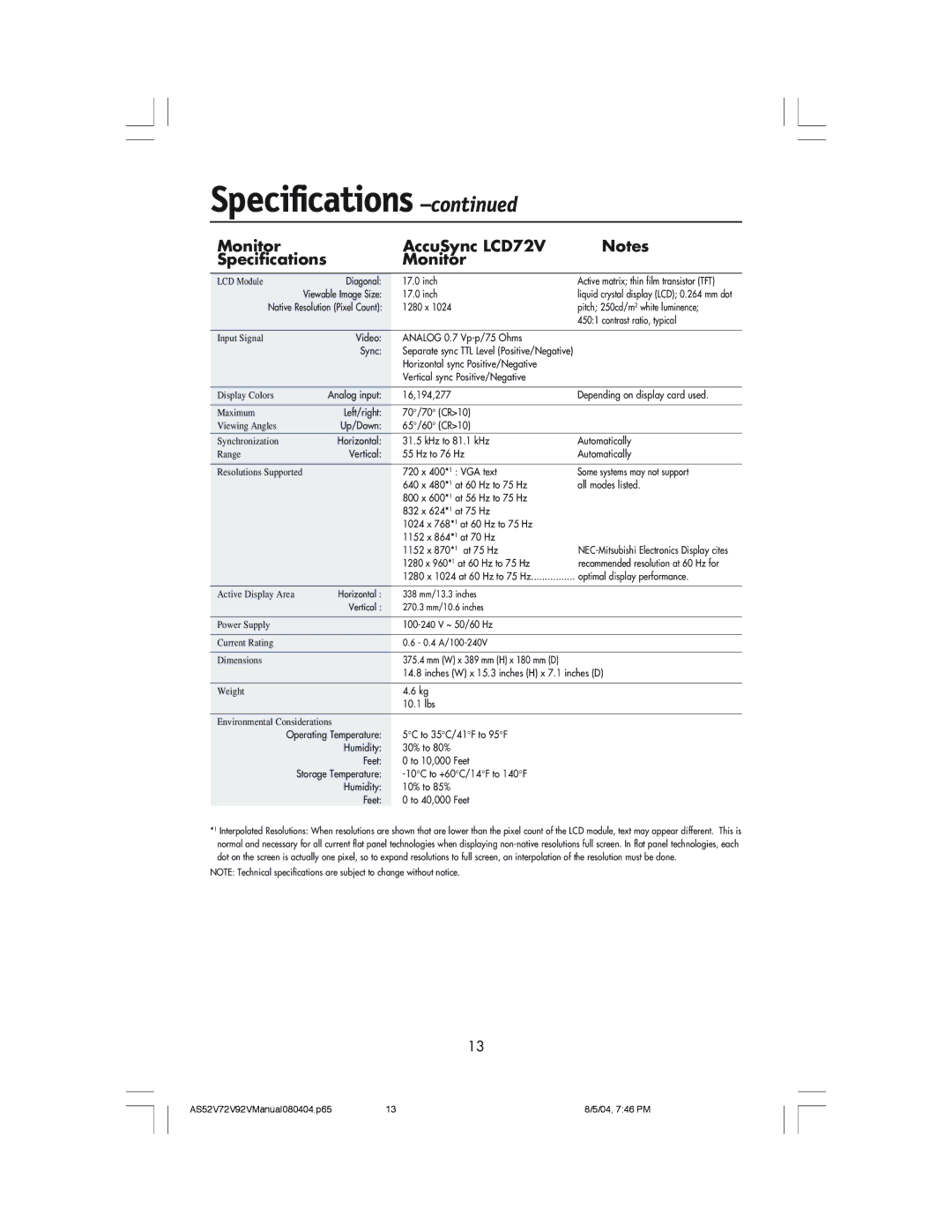 NEC LCD52V manual Monitor AccuSync LCD72V Specifications, 1280 x 960*1 at 60 Hz to 75 Hz 