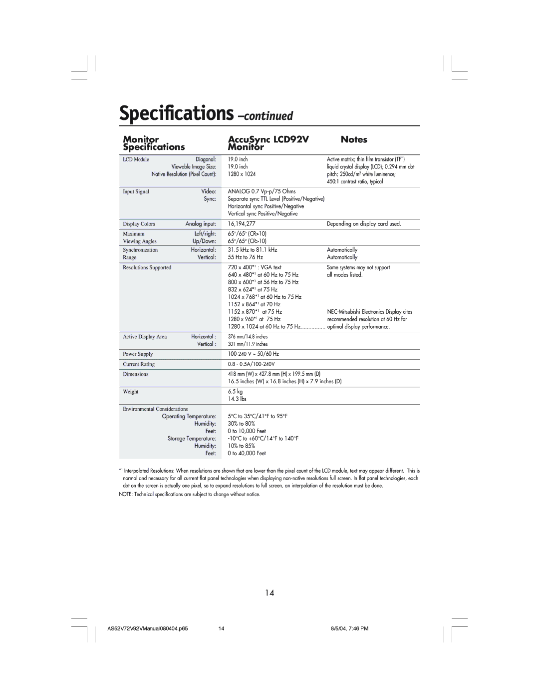 NEC LCD72V, LCD52V manual Monitor AccuSync LCD92V Specifications, 1280 x 960*1 at 75 Hz 