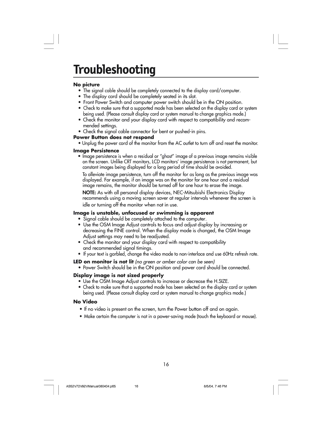 NEC LCD72V, LCD52V manual Troubleshooting, No picture 