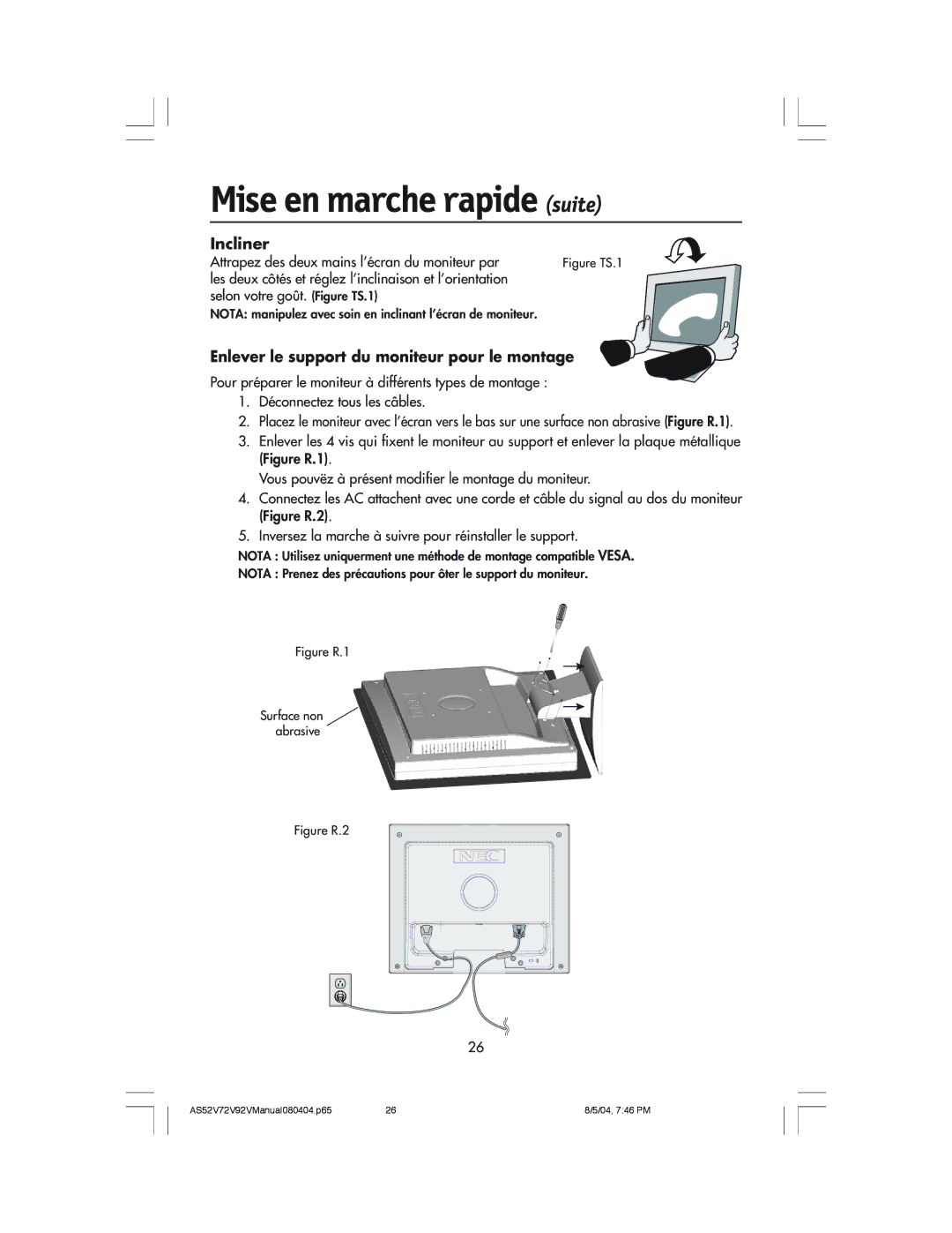 NEC LCD72V, LCD52V manual Incliner, Enlever le support du moniteur pour le montage 