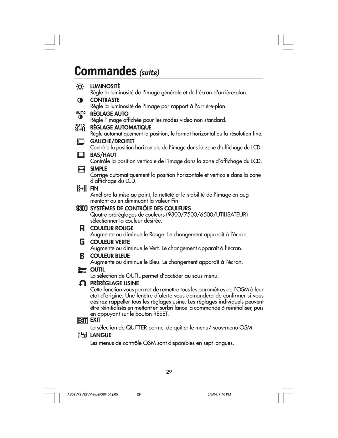 NEC LCD52V, LCD72V manual Commandes suite 