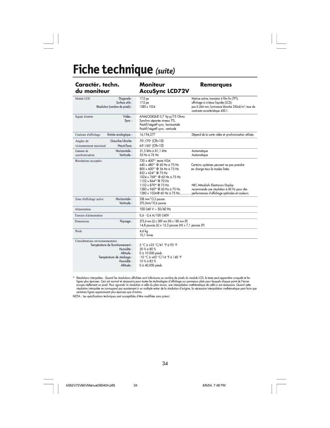 NEC LCD72V, LCD52V manual Fiche technique suite 