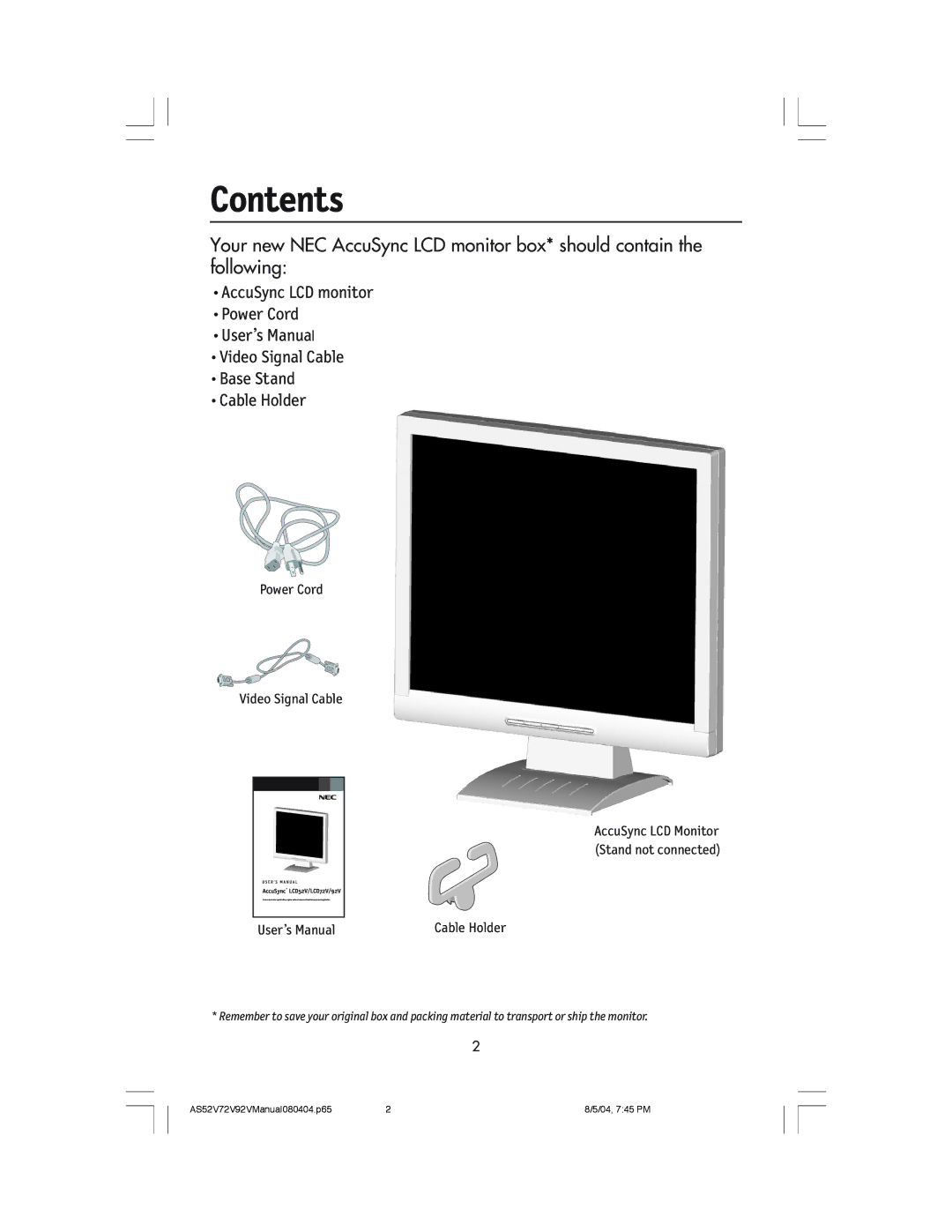 NEC LCD72V, LCD52V manual Contents 