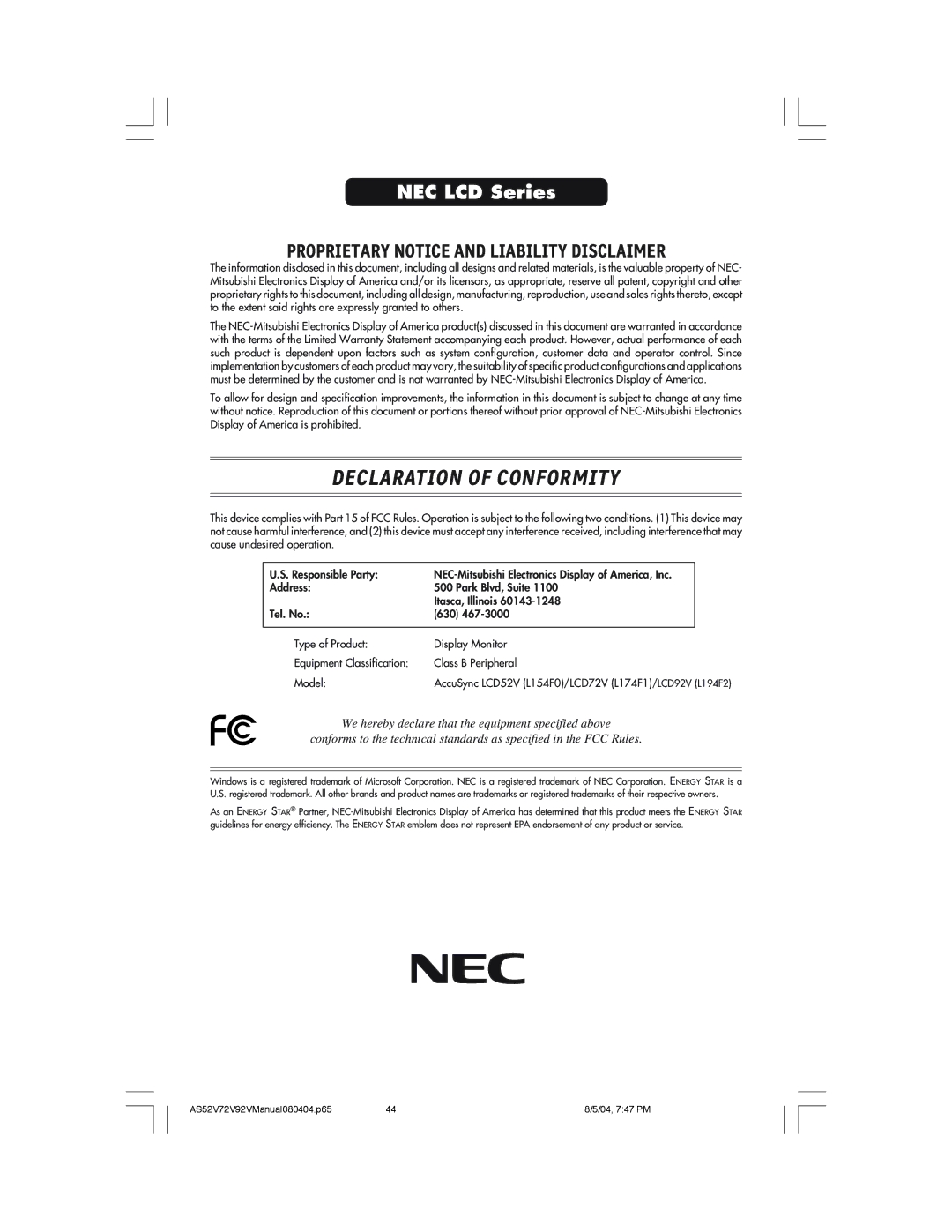 NEC LCD72V, LCD52V manual Declaration of Conformity 