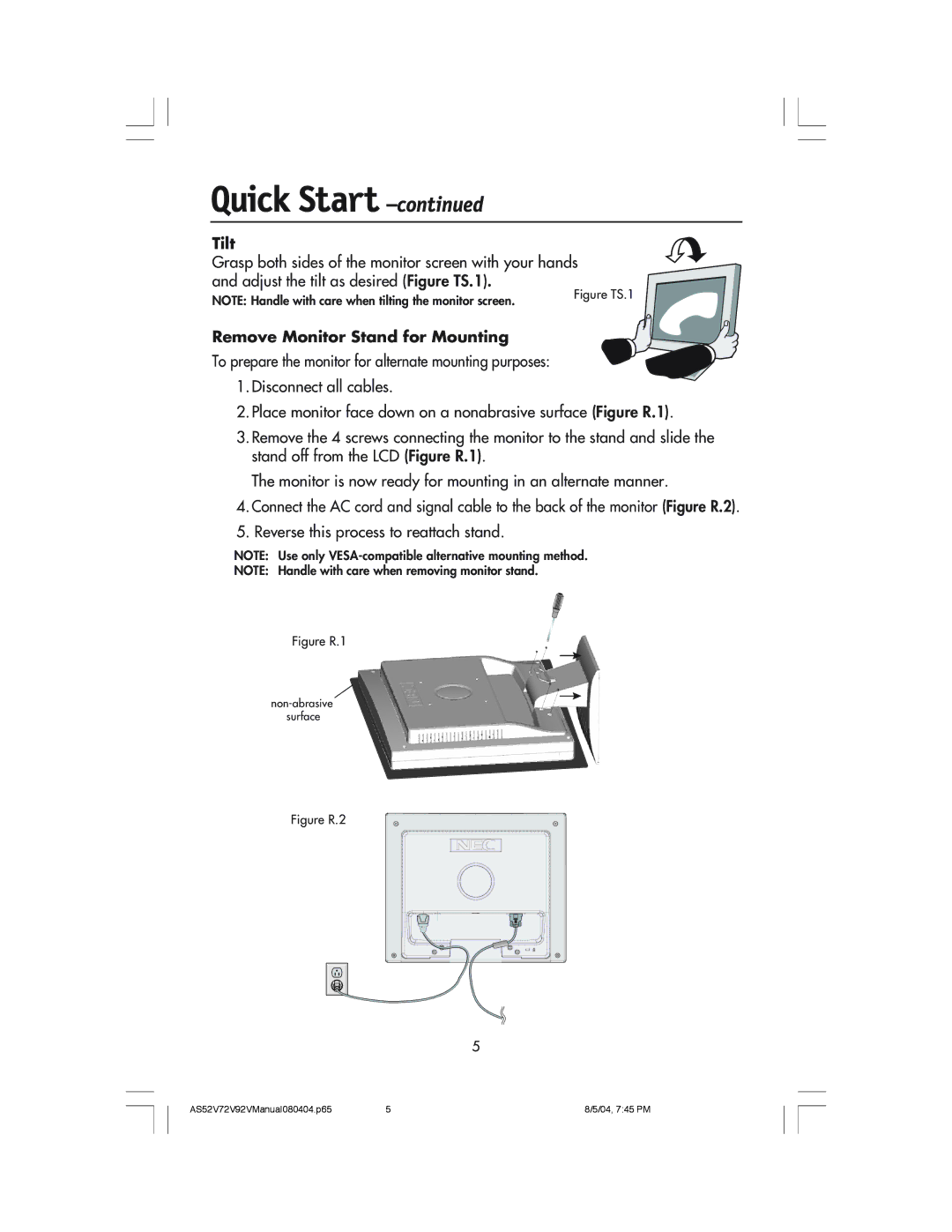 NEC LCD52V, LCD72V manual Tilt, Remove Monitor Stand for Mounting 