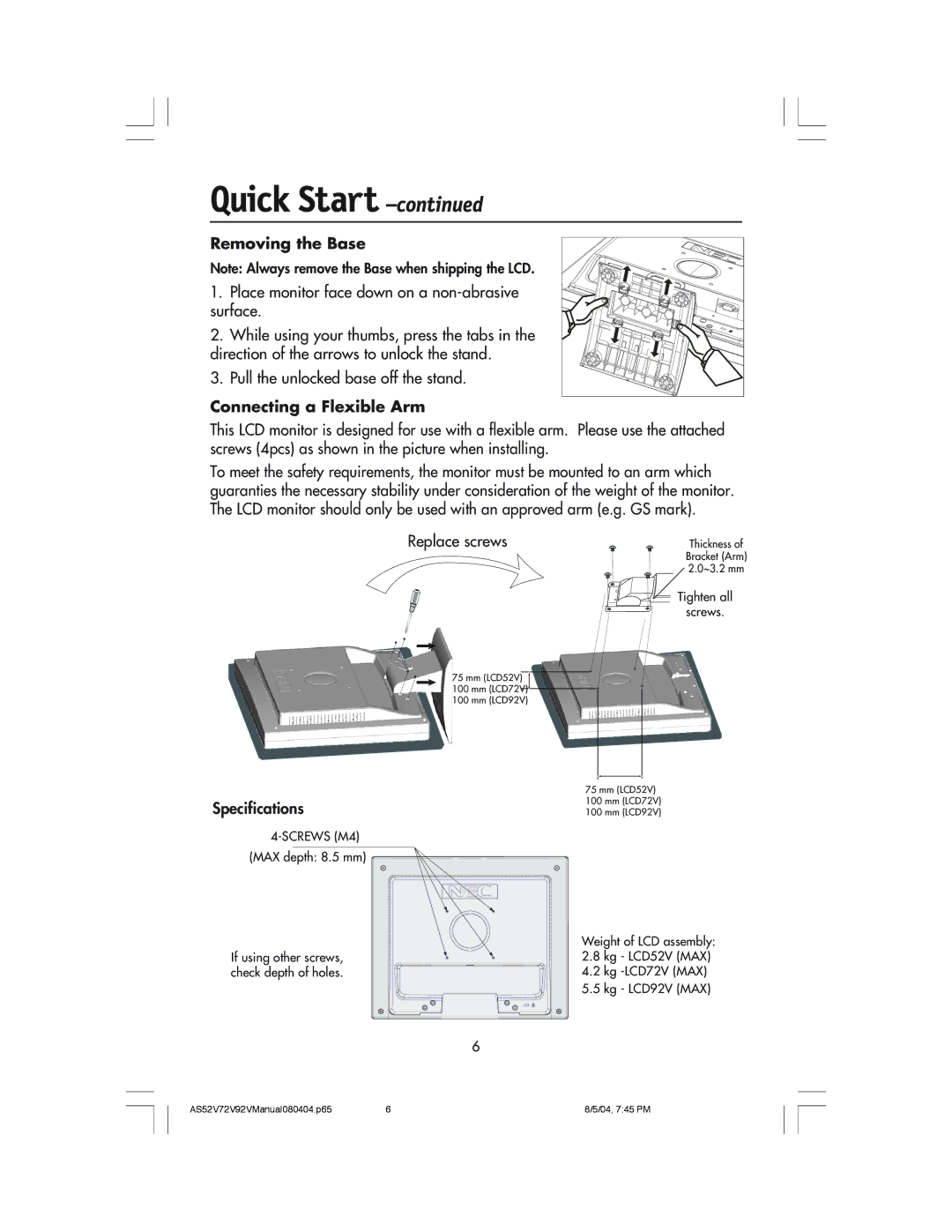 NEC LCD72V, LCD52V manual Removing the Base, Connecting a Flexible Arm, Replace screws, Specifications 