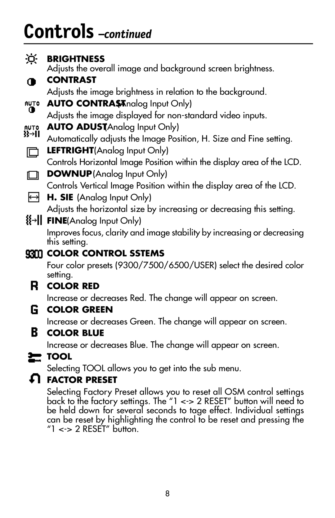 NEC LCD72VX Adjusts the overall image and background screen brightness, Selecting Tool allows you to get into the sub menu 