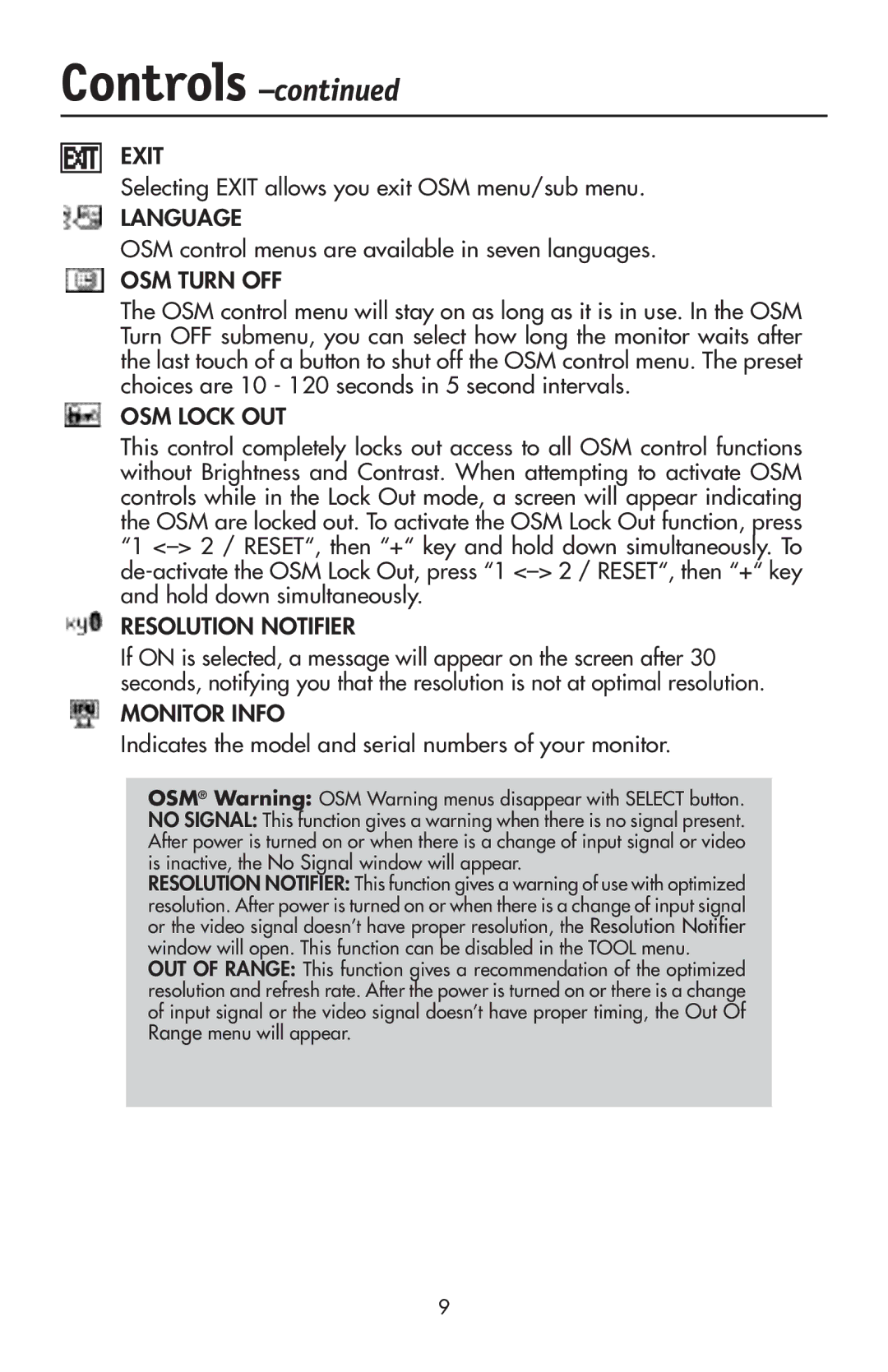 NEC 92VX, LCD72VX Selecting Exit allows you exit OSM menu/sub menu, OSM control menus are available in seven languages 