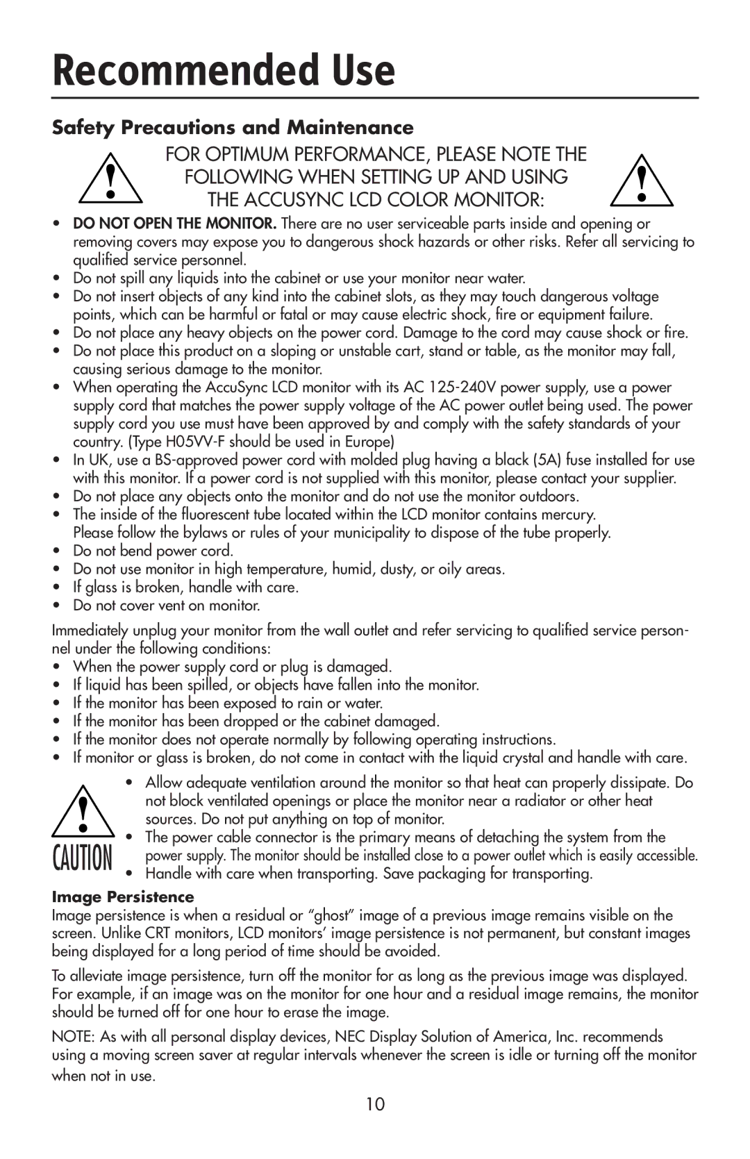 NEC LCD72VX, 92VX manual Recommended Use, Safety Precautions and Maintenance 