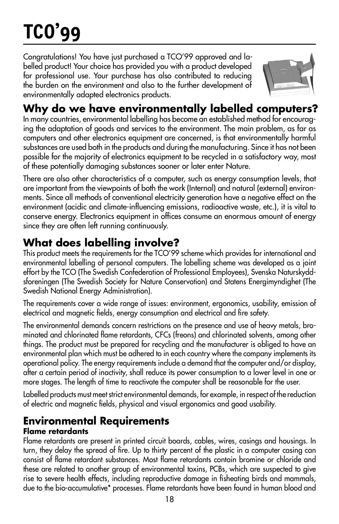 NEC LCD72VX TCO’99, Why do we have environmentally labelled computers?, What does labelling involve?, Flame retardants 