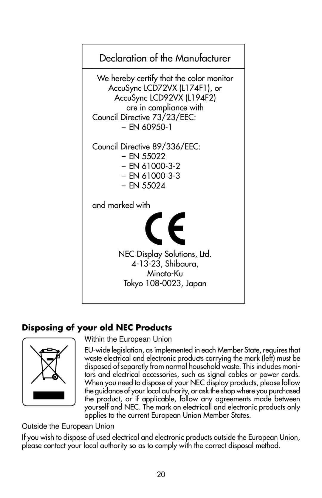 NEC LCD72VX, 92VX manual Declaration of the Manufacturer, Disposing of your old NEC Products, Within the European Union 