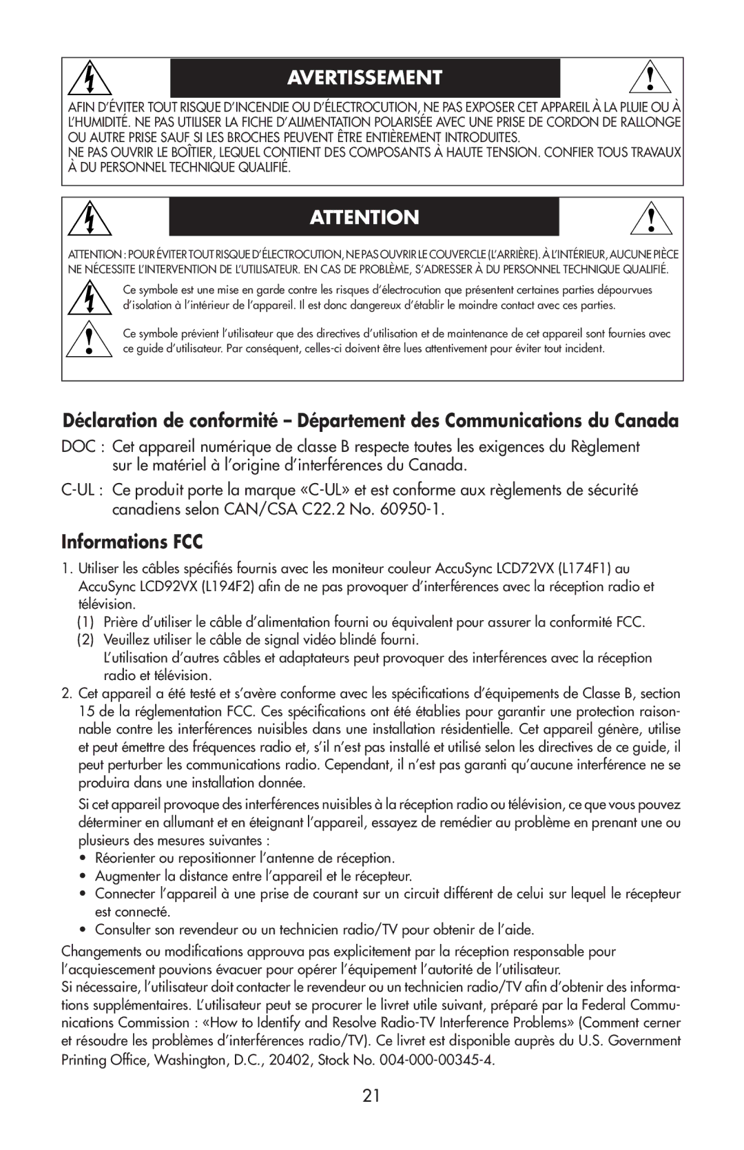 NEC 92VX, LCD72VX manual Avertissement, Informations FCC 