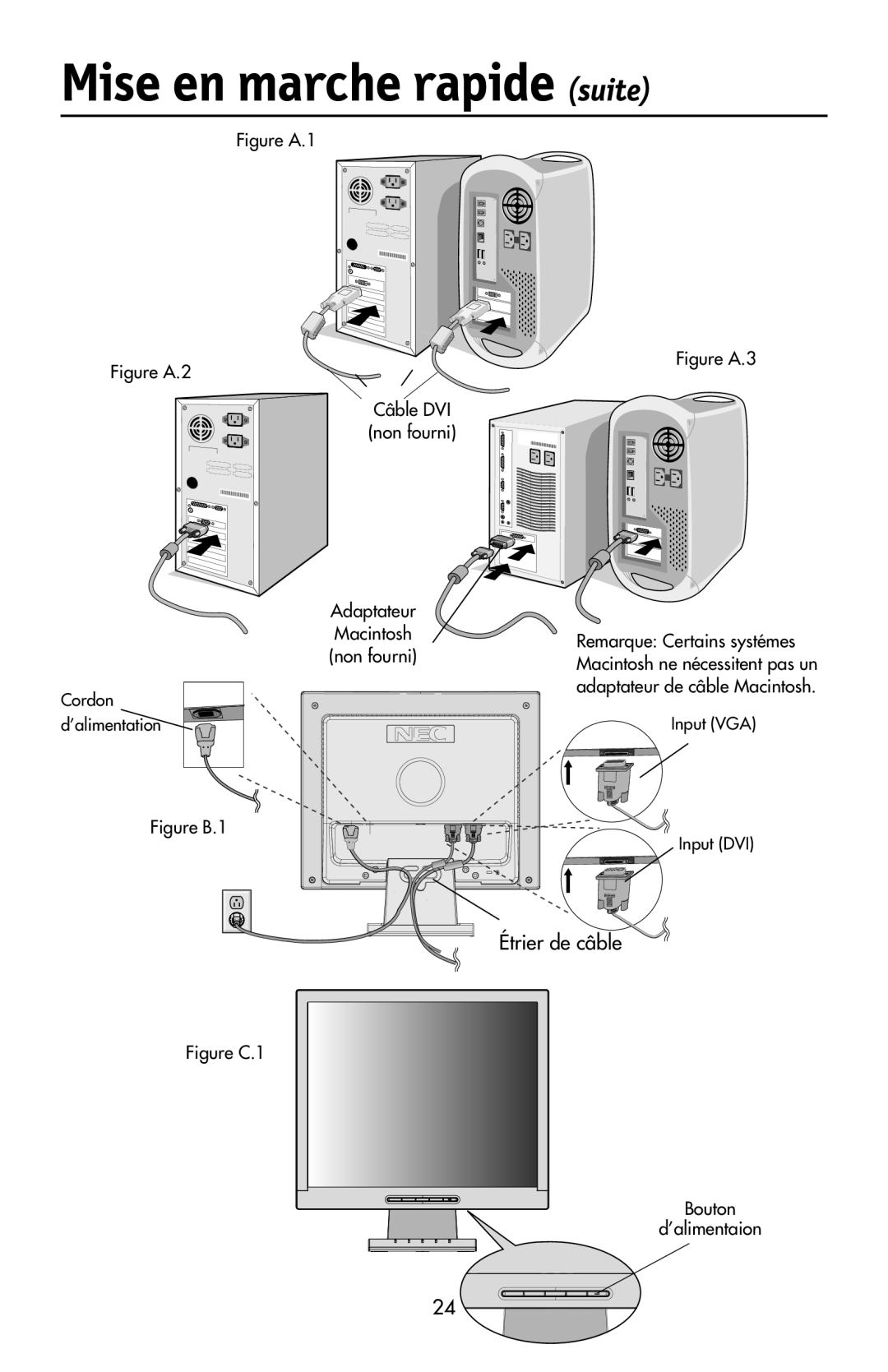 NEC LCD72VX, 92VX manual Mise en marche rapide suite, Étrier de câble 