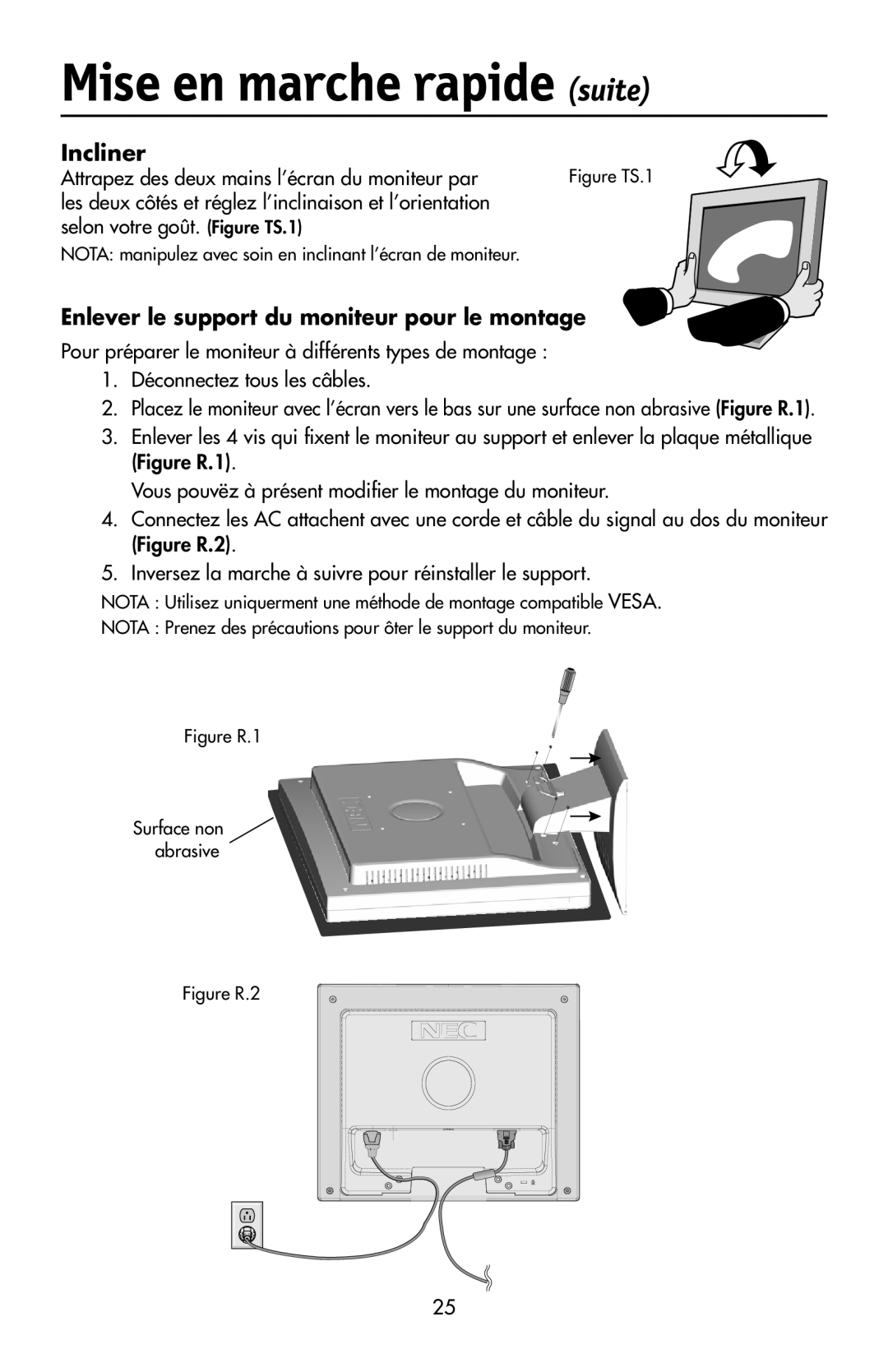 NEC 92VX manual Incliner, Enlever le support du moniteur pour le montage, Attrapez des deux mains l’écran du moniteur par 